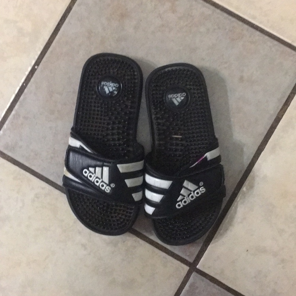 Black and white kids adidas slides